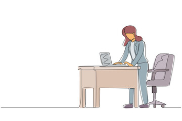 Poster - Single continuous line drawing woman employee working at ergonomic workstation. Office furniture with computer and laptop. Female standing on foot rest behind desk. One line draw graphic design vector