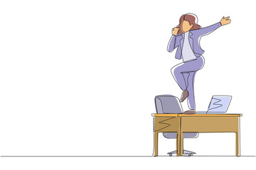 Poster - single one line drawing happy office worker dancing on desk. young businesswoman dancing while sitti