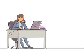 Poster - Single continuous line drawing businesswoman writing sitting in front of laptop at table. Female studying and writing in notebook, at desk in front of computer. One line draw graphic design vector