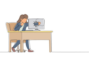 Poster - single continuous line drawing angry businesswoman breaks her laptop computer hitting it with clench