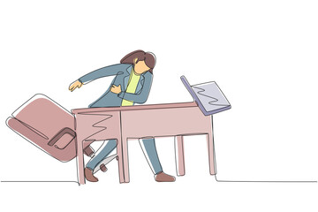 Poster - single one line drawing frustrated and furious young businesswoman is angry and throwing laptop. bad