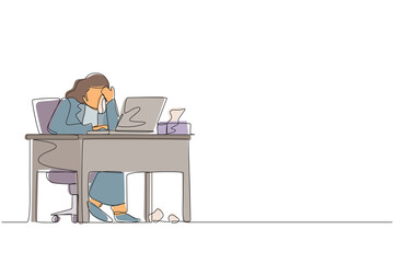 Poster - Single continuous line drawing female employee crying while wiping tears using tissue and staring at laptop. Woman working overtime in office. Dynamic one line draw graphic design vector illustration