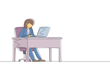 Aufkleber - Continuous one line drawing female works in office. Woman working, typing and sending messages. Work, table, computer flat vector. Workplace and communication concept. Single line draw design graphic