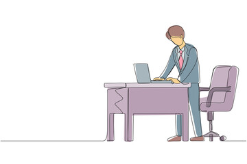 Sticker - Single one line drawing man employee working at ergonomic workstation. Office furniture with computer and laptop. Male standing on foot rest behind desk. Continuous line draw design graphic vector