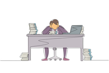 Poster - Single one line drawing stressed businessman throwing tantrum in office holding his hands to his head shouting while seated at desk surrounded by files. Continuous line draw design graphic vector