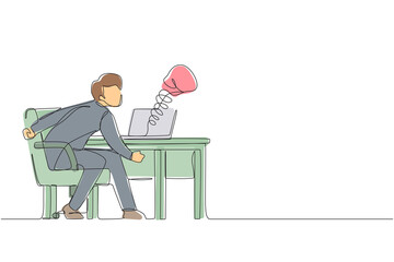 Poster - Single continuous line drawing sad man using social media and being punched by boxing gloves from computer laptop. Cyber bullying, online harassment using social media. One line graphic design vector