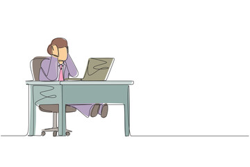 Poster - Continuous one line drawing tired office worker man character. Male work at laptop feeling bad. Hold his head. Headache sick, exhausted, stressed, depression. Single line draw design vector graphic