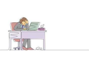 Poster - Single continuous line drawing male employee crying while wiping tears using tissue and staring at laptop. Businessman working overtime in office. One line draw graphic design vector illustration