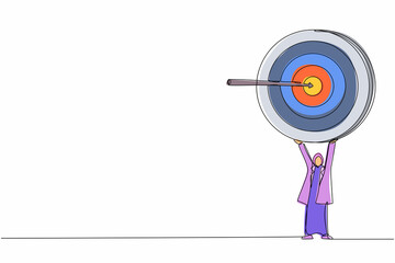 Poster - Single one line drawing Arabian businesswoman holding up big target with arrow. Female manager with aim as symbol of having success idea. Modern continuous line draw design graphic vector illustration