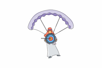 Poster - Continuous one line drawing Arabian businessman holding target with arrow in bullseye and jumping with parachute. Goal setting. Smart goal. Business target. Single line draw design vector illustration
