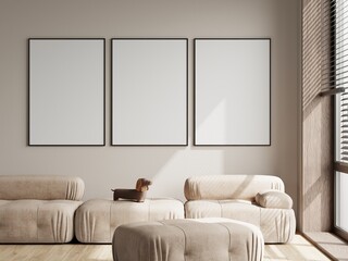 Three frames mockup in modern living room interior with sofa, 3d render