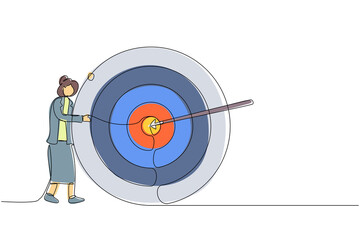 Poster - single continuous line drawing businesswoman hugs and stands next to circle of target, arrow that hi