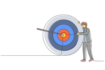 Poster - Single one line drawing businessman hugs and stands next to circle of target, arrow that hit target right in middle and analyze result of achievement within company. Continuous line draw design vector