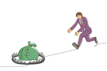 Poster - single one line drawing money trap business. businessman running to catch money bag in the steel bea