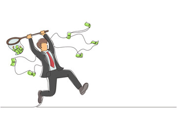 Poster - Single continuous line drawing businessman trying to catch flying money with butterfly net. Happy running entrepreneur man using business opportunity to scoop dollar bills. One line draw design vector