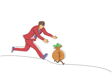 Poster - Single continuous line drawing businessman chasing money bag dollar run away. Concept of achieving goals and profits, striving for success, running for money. One line draw design vector illustration