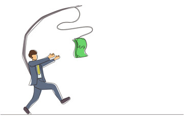 Poster - Single one line drawing greedy businessman or manager is running after money. Greedy man in business suit with attached rod and dollar. Modern continuous line draw design graphic vector illustration
