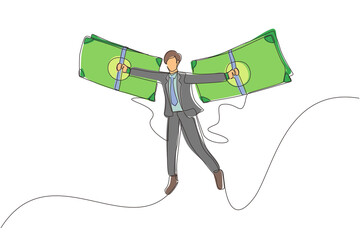 Poster - Single continuous line drawing businessman flying on money wings. Concept of financial freedom, depicting man flying on wings made of currency bills. One line draw graphic design vector illustration