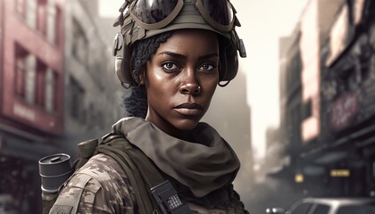 Black female soldier wearing camouflage uniform