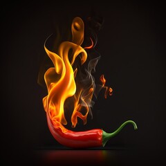 Hot chili pepper on fire on black background.