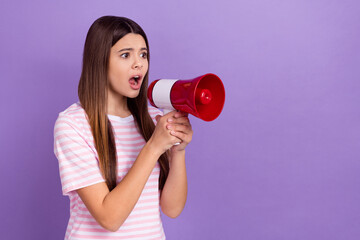 Sticker - Photo of shocked impressed girl dressed striped t-shirt screaming toa empty space isolated purple color background