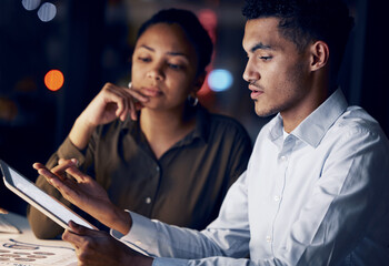 Poster - Tablet reading, night partnership and business people review article for media app, website database or social network. Research story teamwork, blog editor focus and web journalist editing news post