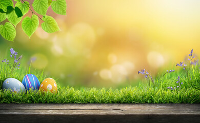 Wall Mural - Three painted easter eggs celebrating a Happy Easter on a spring day with a grass meadow, warm sunlight tree leaves and a background with copy space and a rustic wooden bench to display products.