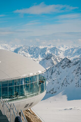 Cafe 3440 on the Pitztal Glacier. Austrias highest coffee house at mountain peak in Tirol, Pitztal Glacier and panoramic view of snow covered mountain rang