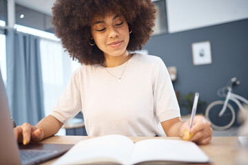 Poster - Student research, writing notes and black woman remote eduction on a home computer. Working, planning and reading digital learning busy with tech data test elearning and web university information