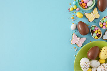 Wall Mural - Easter sweets concept. Top view photo of green plate with chocolate easter eggs butterfly shaped gingerbread dragees and sprinkles on isolated pastel blue background with empty space