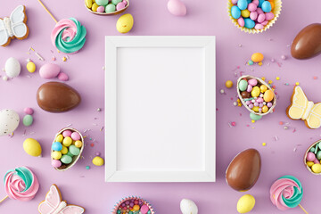 Wall Mural - Easter sweets concept. Flat lay photo of white photo frame chocolate eggs сolorful dragees gingerbread sprinkles and meringue lollipops on isolated violet background