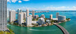 Aerial panorama of Brickell Key in Miami, Florida. Brickell Key (also called Claughton Island) is a man-made island off the mainland Brickell neighborhood of Miami, Florida.
