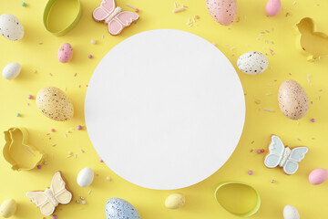 Wall Mural - Easter decoration idea. Flat lay photo of white circle colorful eggs butterfly shaped cookies sprinkles and baking molds on isolated yellow background with blank space