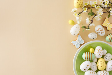 Wall Mural - Easter decor idea. Top view photo of circle plate with colorful easter eggs butterfly shaped cookies and spring blossom branch on isolated beige background with empty space