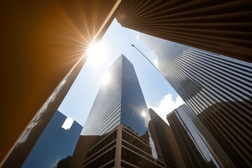 Looking up from ground level, corporate skyscrapers and sunshine above, sleek and modern architecture, generative ai