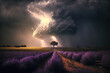 Storm clouds over lavender field landscape. Generative ai illustration.