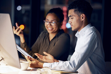 Aufkleber - Tablet reading, night collaboration and business people review article for media app, website database or social network. Happy research teamwork, online blog editor and journalist editing news post