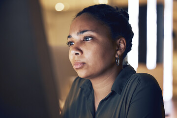 Poster - Computer reading, night face and black woman concentration on article review for online media, website or social network feedback. Brand copywriting, blog editor focus or journalist editing news post