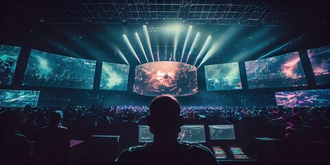 Wall Mural - Man in E-sports arena watching esports. Huge E-sports arena, filled with cheering fans and colorful LED lights. A man from the back looks at the screen where esports is broadcast. Generative AI