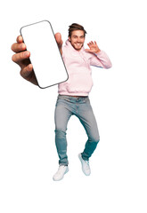 Wall Mural - mobile app advertisement. handsome excited man showing pointing at empty smartphone screen posing ov