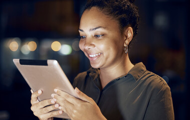 Aufkleber - Tablet, night and business woman reading online data analysis, feedback report or customer experience insight. Brand monitoring software, social media research and African worker review web analytics
