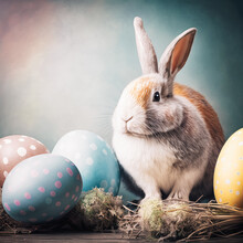 Generative AI Image Of Cute Rabbit Near Easter Eggs
