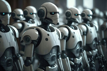 Generative AI illustration of male cyborgs standing together in row and looking away in modern futuristic city against blurred buildings