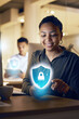 © Wesley JvR/peopleimages.com - Phone hologram, cybersecurity or night woman with digital banking safety, password protection or biometric fintech lock. Smartphone cyber security, mobile data encryption or African girl with shield