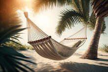 A Hammock Between Two Palm Trees On A Beach, Generative AI