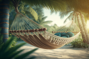 A hammock between two palm trees on a beach, Generative AI