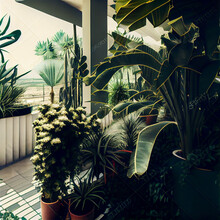 Lots Of Beautiful Green Lush Indoor Plants On The Terrace. Decoration And Landscaping Of The Terrace.