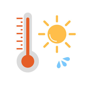 high temperature thermometer and sun and sweat icon set. summer. vector.