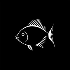 Poster - Minimalistic logo template, white icon of fish silhouette on black background, modern logotype concept for business identity, t-shirts print, tattoo. Vector illustration