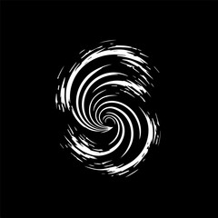 Poster - Minimalistic logo template, white icon of hurricane silhouette on black background, modern logotype concept for business identity, t-shirts print, tattoo. Vector illustration